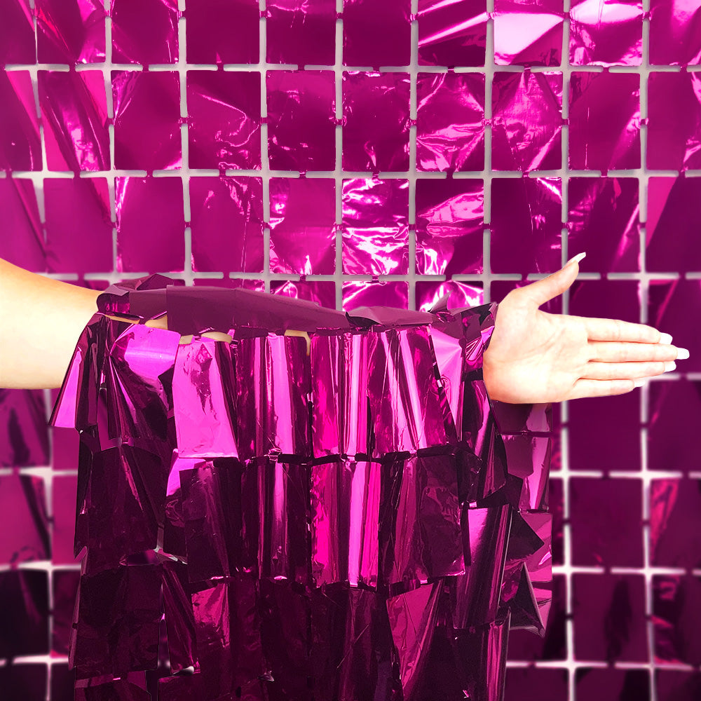 3ft X 6.5ft FOIL SQUARES CURTAIN - METALLIC MAGENTA