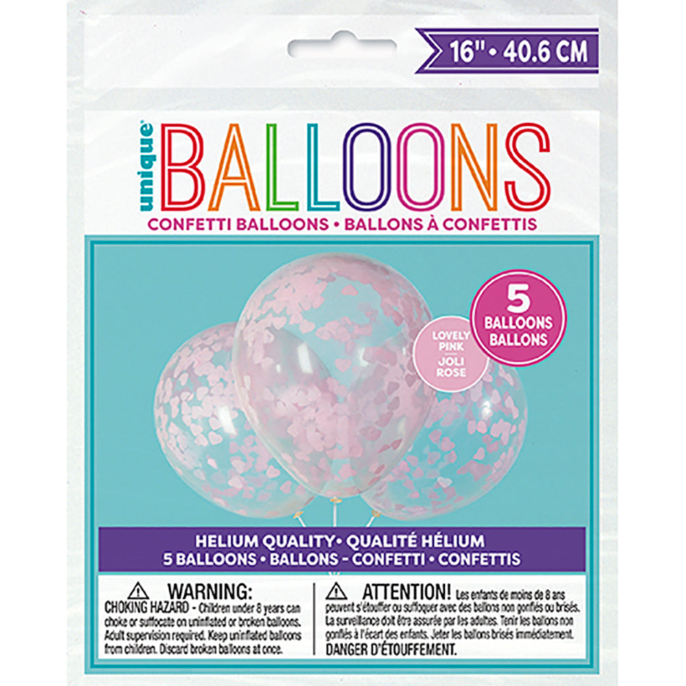 16 inch CLEAR BALLOONS WITH PINK HEART TISSUE CONFETTI (5 PK)